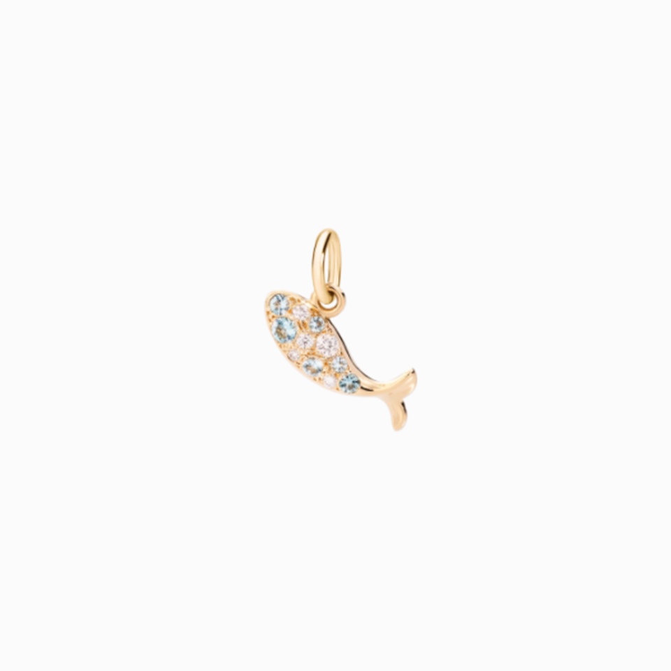 Pesce oro giallo diamanti bianchi e topazi blu &euro; 540